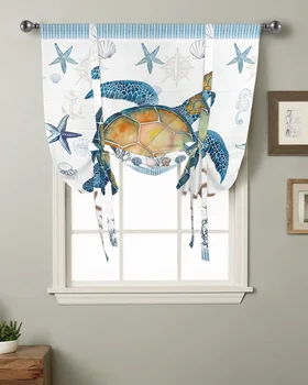 Морская черепаха Синяя раковина морской звезды Кухонный короткий карниз для карнизов Карманные шторы Домашний декор Маленькое окно Римские занавески на завязках