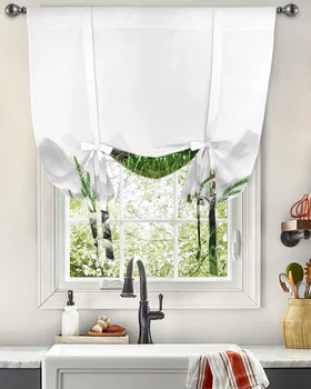 Занавеска с рисунком куриных растений тушью для гостиной, кухни, короткие шторы на завязках, Регулируемые карманные шторы на штанге