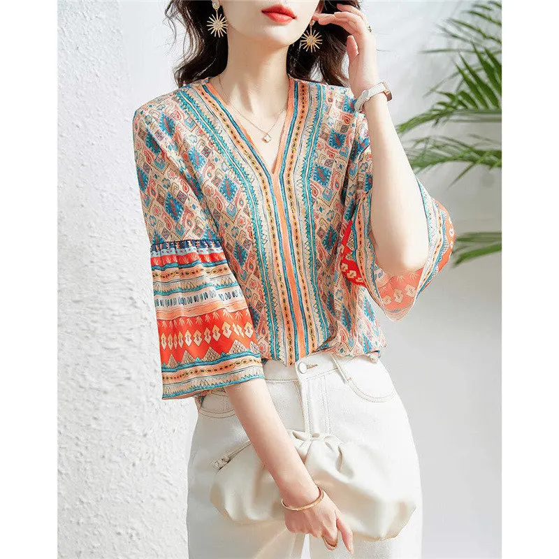 Элегантные рубашки с принтом в винтажном этническом стиле, летняя мода, V-образный вырез, свободные топы с рукавами три четверти, блузки для женской одежды
