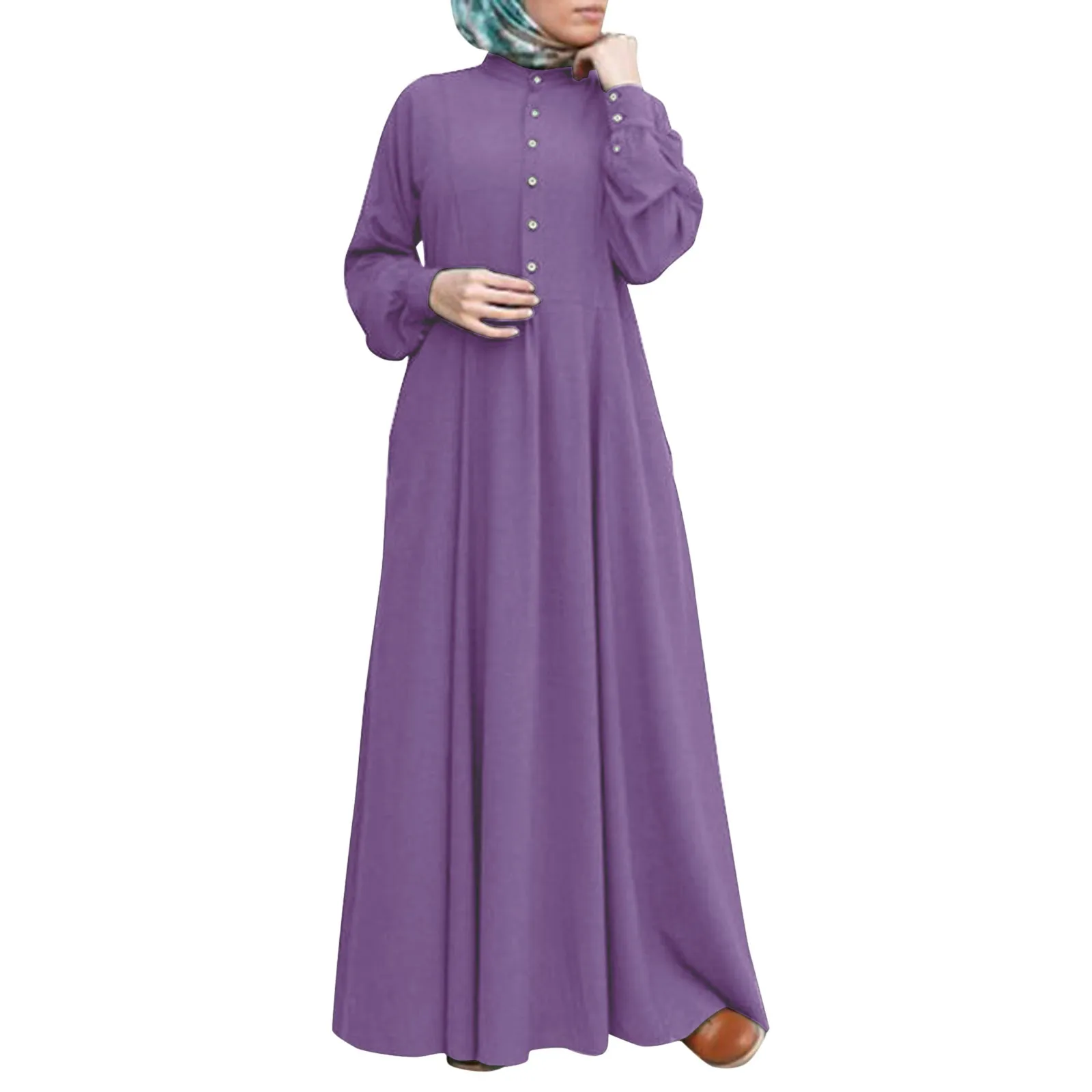 Коктейльные платья для отдыха мусульманских женщин Длина до пола, элегантное платье с V-образным вырезом и сплошными пуговицами, модный халат с длинным рукавом