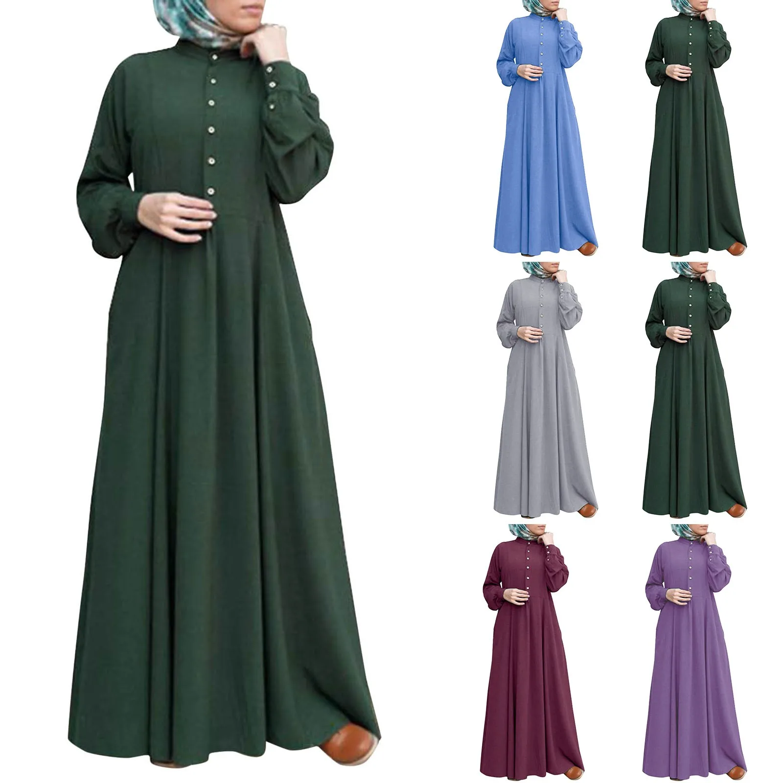 Коктейльные платья для отдыха мусульманских женщин Длина до пола, элегантное платье с V-образным вырезом и сплошными пуговицами, модный халат с длинным рукавом