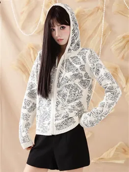 Вязаная куртка с капюшоном и абстрактным рисунком, вышитая кулиской, пальто, осенне-зимняя женская уличная одежда, тонкий свитер, кардиган для девочек 6279
