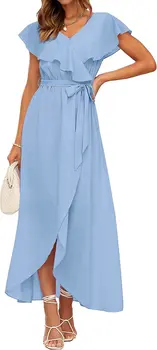Летнее женское платье на шнуровке с V-образным вырезом и рукавом-бабочкой, Элегантное платье с высоким разрезом, короткий рукав, Нерегулярная повязка, Длинное платье для вечеринки